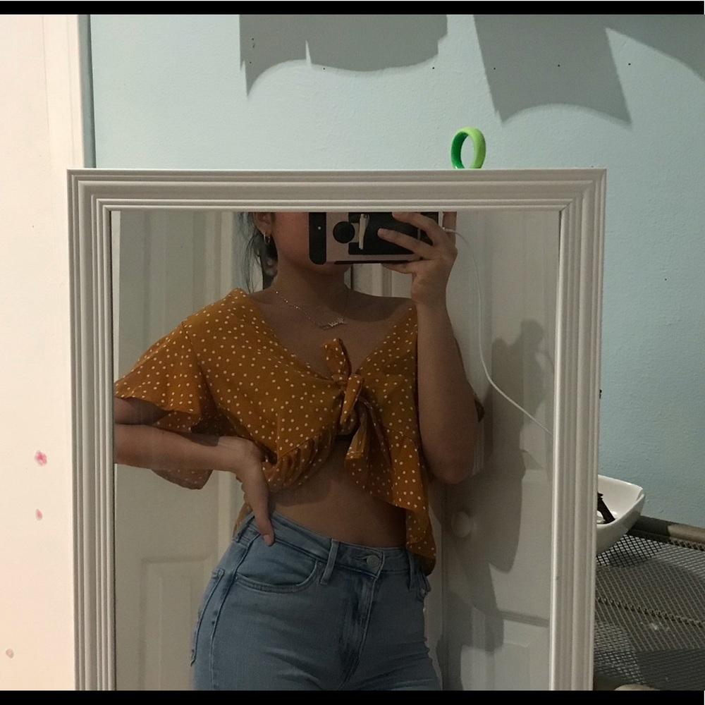 Mustard tie top with white polka dots